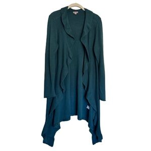 J JILL Hunter Green Ruffled Waterfall Open Tight Knit Long Sleeve Cardigan Sz MP